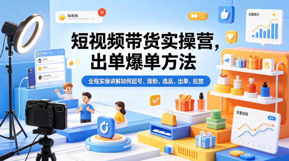 短视频带货实操营，出单爆单方法，全程实操讲解如何起号、涨粉、选品、出单、投放-资源社