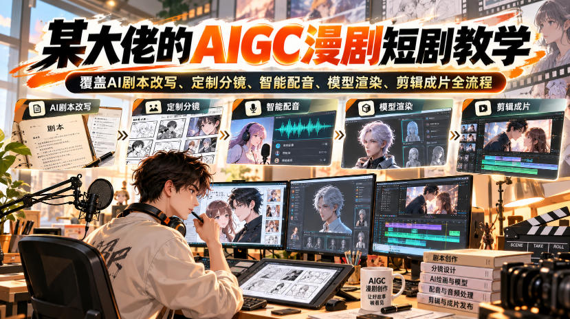 某大佬的AIGC漫剧短剧教学，覆盖AI剧本改写、定制分镜、智能配音、模型渲染、剪辑成片全流程-资源社
