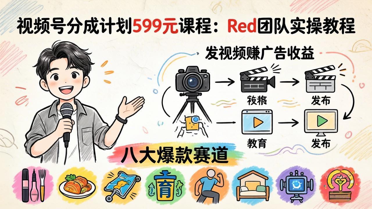 视频号分成计划599元课程：Red团队实操教程，发视频赚广告收益，八大爆款赛道全掌握-资源社