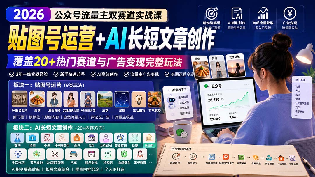 公众号流量主双赛道实战课：贴图号运营+AI长短文章创作，覆盖20+热门赛道与广告变现完整玩法-资源社