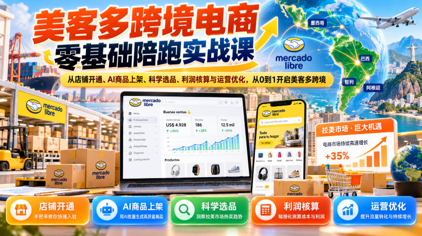 美客多跨境电商零基础陪跑实战课:从店铺开通、AI商品上架、科学选品、利润核算与运营优化,从0到1开启美客多跨境-资源社