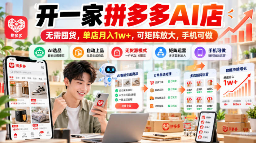 开一家拼多多AI店，无需囤货，单店月入1w+，可矩阵放大，手机可做【揭秘】-资源社