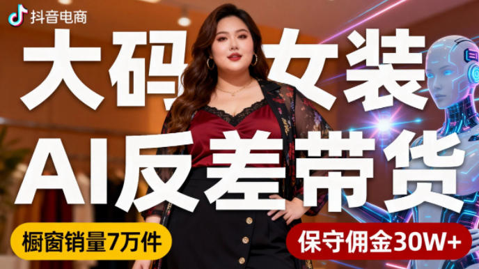 抖音小众赛道，大码女装AI反差带货，不用直播，每天6条作品，橱窗卖7万件，保守佣金30W+-资源社