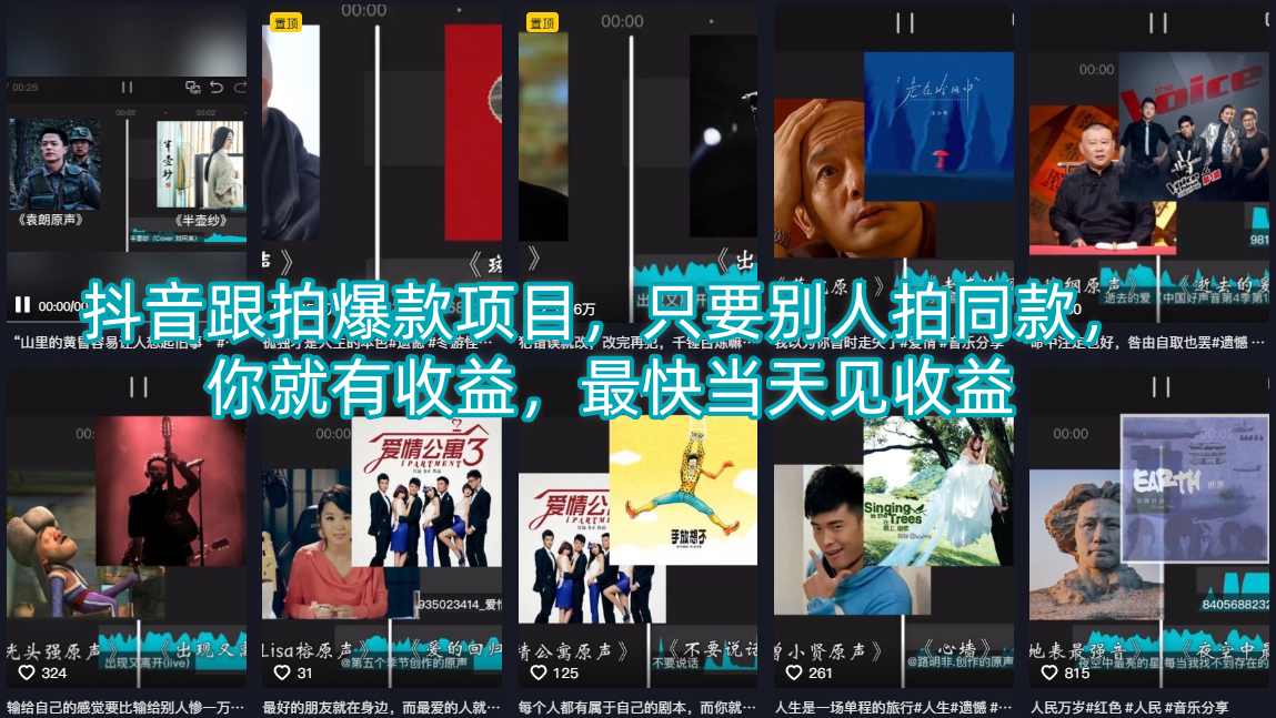 抖音跟拍爆款项目，只要别人拍同款，你就有收益，最快当天见收益-资源社