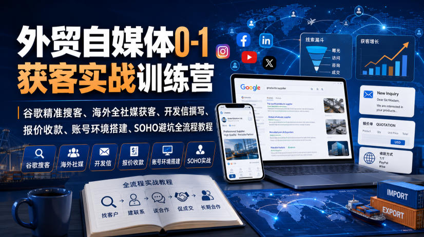 外贸自媒体0-1获客实战训练营｜谷歌精准搜客、海外全社媒获客、开发信撰写、报价收款、账号环境搭建、SOHO避坑全流程教程-资源社