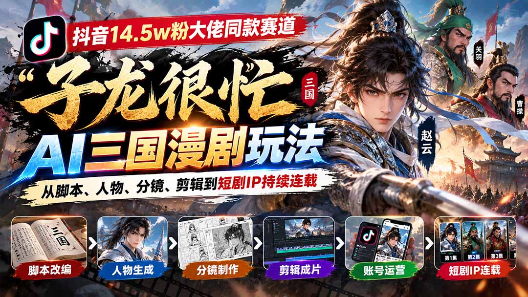 抖音14.5w粉大佬同款赛道「子龙很忙」AI三国漫剧玩法：从脚本、人物、分镜、剪辑到短剧IP持续连载-资源社