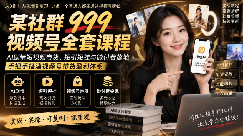 某社群999视频号全套课程，AI剧情短视频带货、短引短挂与微付费落地，手把手搭建视频号带货盈利体系-资源社
