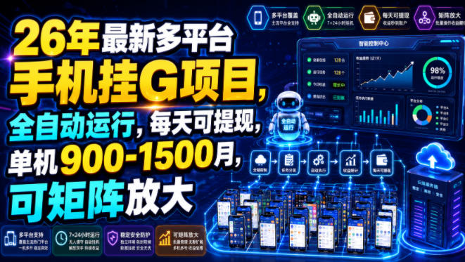26年最新多平台手机挂G项目，全自动运行，每天可提现，单机900-1500月，可矩阵放大【揭秘】-资源社