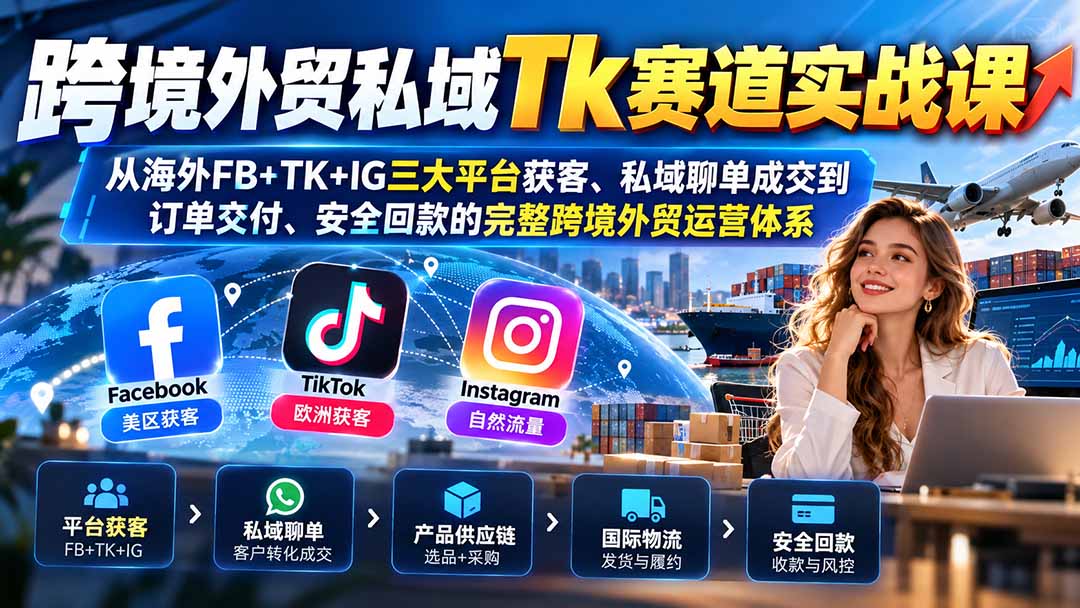 跨境外贸私域Tk赛道实战课:从海外FB+TK+IG三大平台获客、私域聊单成交到订单交付、安全回款的完整跨境外贸运营体系-资源社
