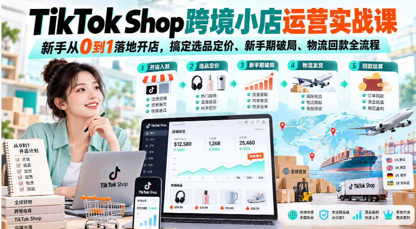 TikTok Shop跨境小店运营实战课,新手从0到1落地开店,搞定选品定价、新手期破局、物流回款全流程-资源社