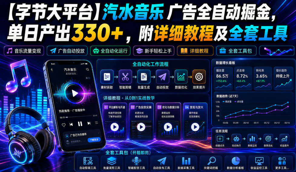 【字节大平台】汽水音乐广告全自动掘金,单日产出330+,附详细教程及全套工具【揭秘】-资源社
