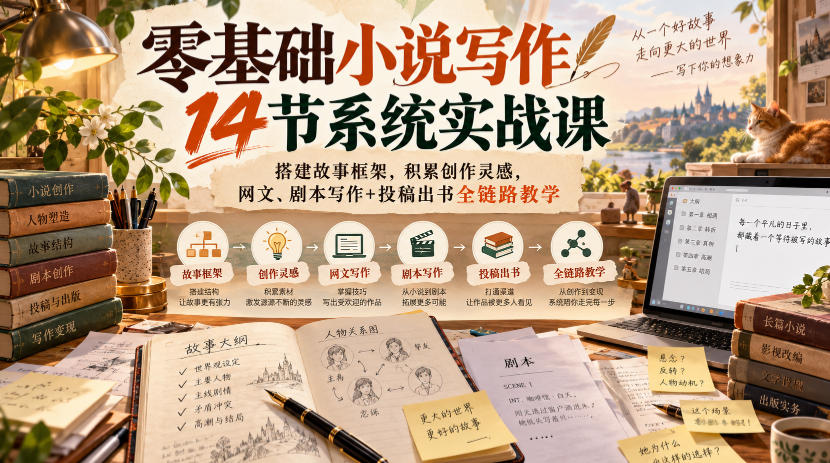 零基础小说写作14节系统实战课,搭建故事框架,积累创作灵感,网文、剧本写作+投稿出书全链路教学-资源社