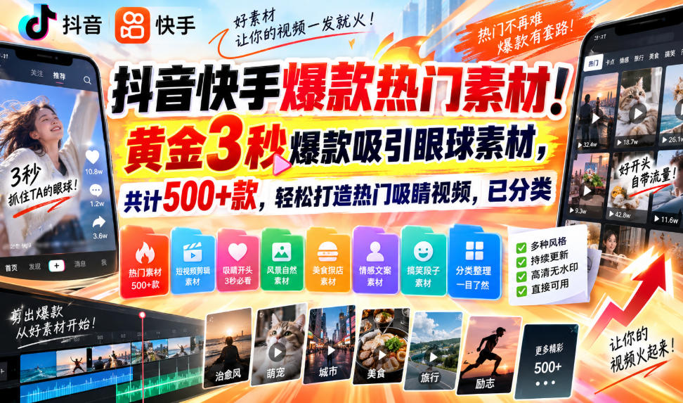 抖音快手爆款热门素材！黄金3秒爆款吸引眼球素材，共计500+款，轻松打造热门吸睛视频，已分类-资源社
