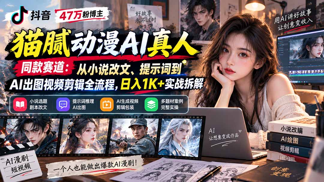 抖音47万粉博主猫腻动漫AI真人同款赛道：从小说改文、提示词到AI出图视频剪辑全流程，日入1K+实战拆解-资源社