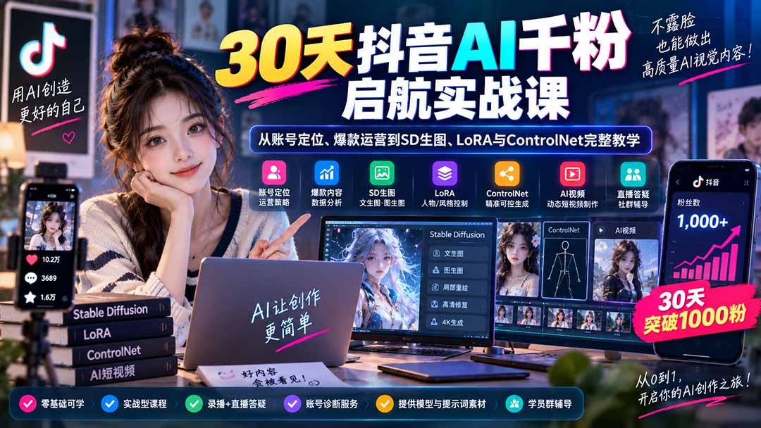 30天抖音AI千粉启航实战课:从账号定位、爆款运营到SD生图、LoRA与ControlNet完整教学-资源社