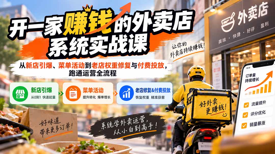 开一家赚钱的外卖店系统实战课：从新店引爆、菜单活动到老店权重修复与付费投放，跑通运营全流程-资源社