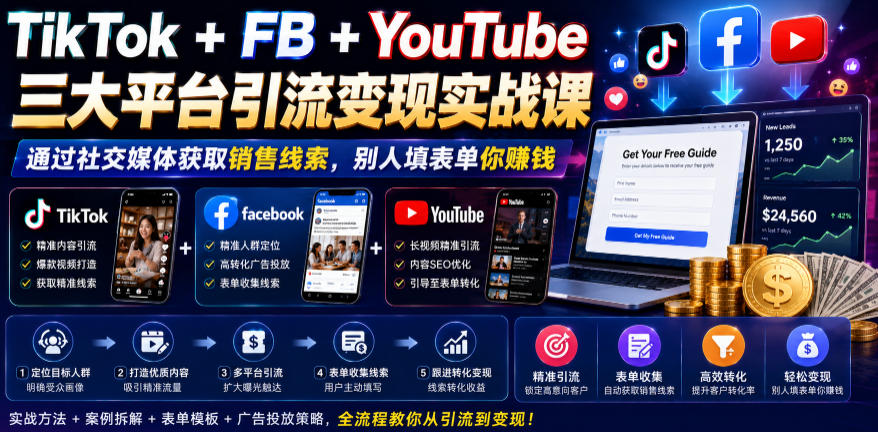 TikTok+FB+YouTube三大平台引流变现实战课,通过社交媒体获取销售线索,别人填表单你賺钱【原创双语字幕】-资源社