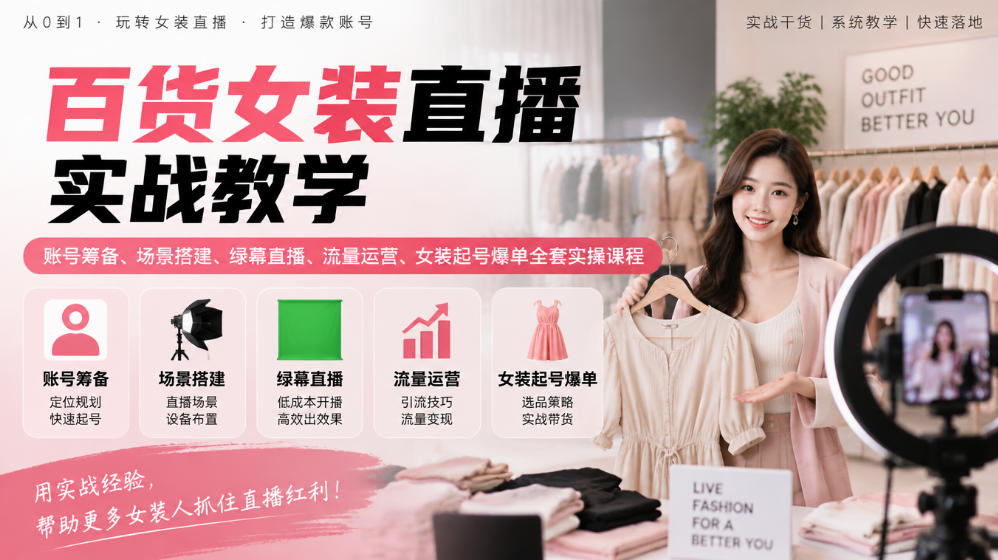 百货女装直播实战教学|账号筹备、场景搭建、绿幕直播、流量运营、女装起号爆单全套实操课程-资源社