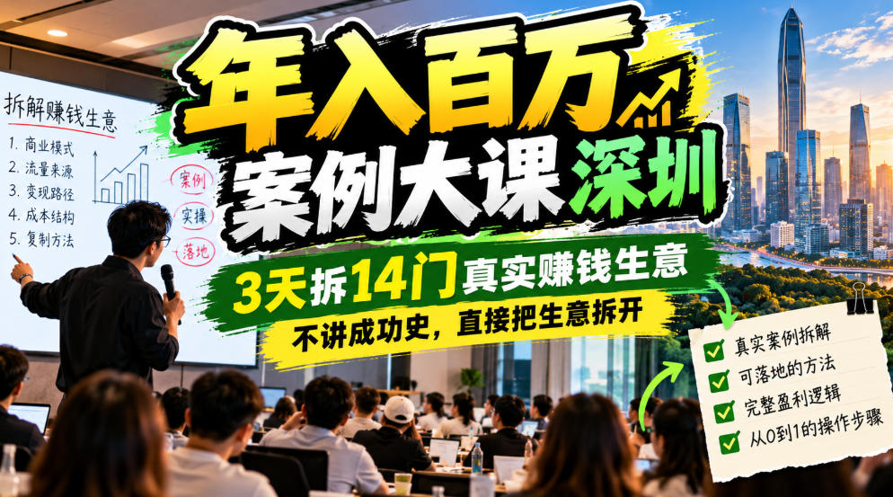 年入百W案例大课深圳,3天拆14门真实賺钱生意,不讲成功史,直接把生意拆开-资源社