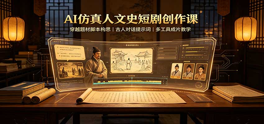 AI仿真人文史短剧创作课：穿越题材脚本构思，古人对话提示词，多工具成片教学-资源社