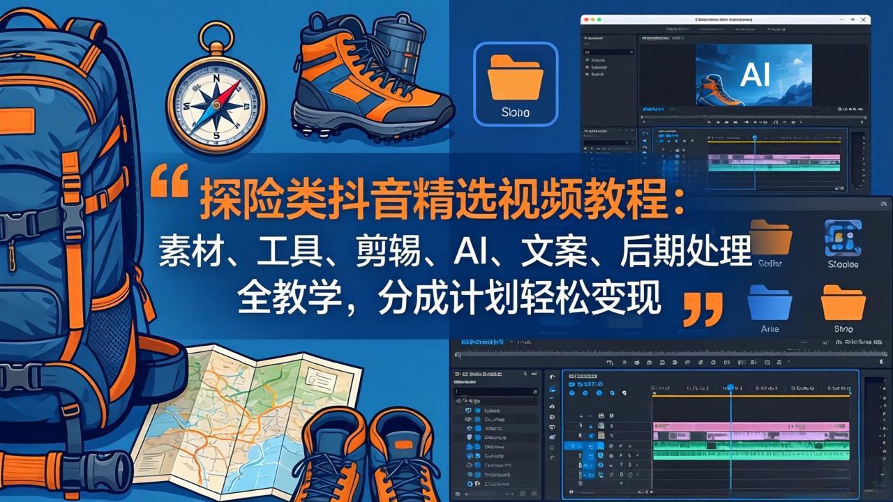 探险类抖音精选视频教程：素材、工具、剪辑、AI、文案、后期处理全教学，分成计划轻松变现-资源社