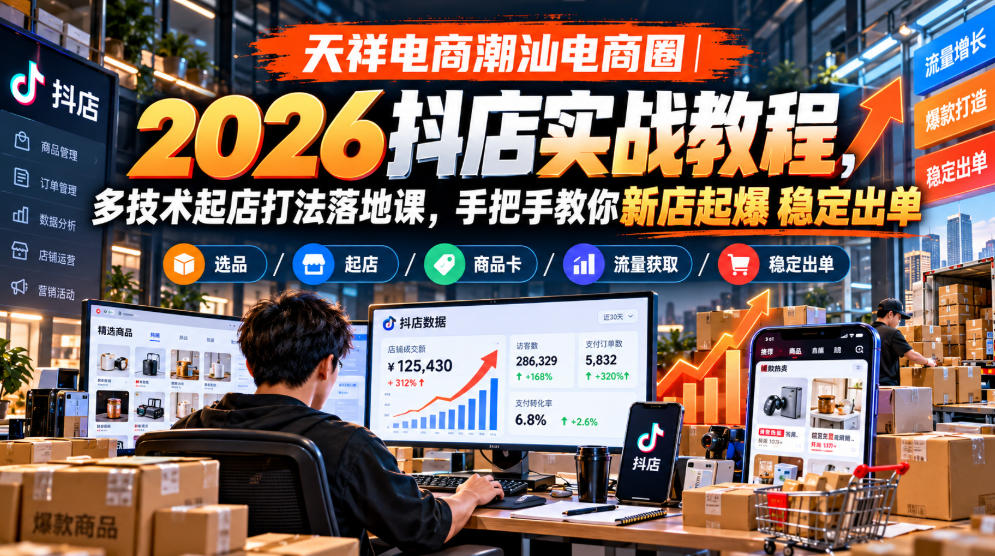 天祥电商潮汕电商圈|2026抖店实战教程,多技术起店打法落地课,手把手教你新店起爆稳定出单-资源社