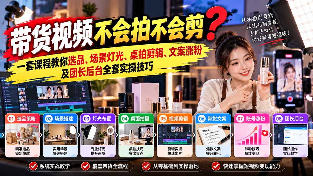 带货视频不会拍不会剪?一套课程教你选品、场景灯光、桌拍剪辑、文案涨粉及团长后台全套实操技巧 复制标题-资源社