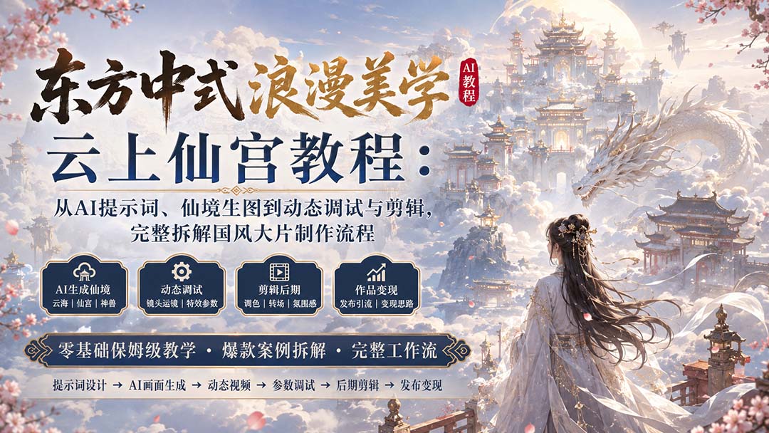 东方中式浪漫美学云上仙宫教程：从AI提示词、仙境生图到动态调试与剪辑，完整拆解国风大片制作流程-资源社