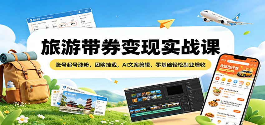 旅游带券变现实战课：账号起号涨粉，团购挂载，AI文案剪辑，零基础轻松副业增收-资源社