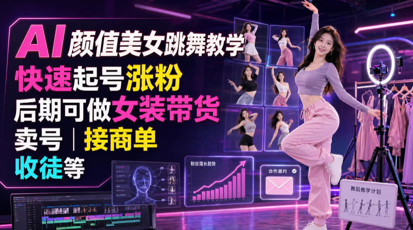 AI颜值美女跳舞教学，快速起号涨粉，后期可做女装带货，卖号，接商单，收徒等-资源社