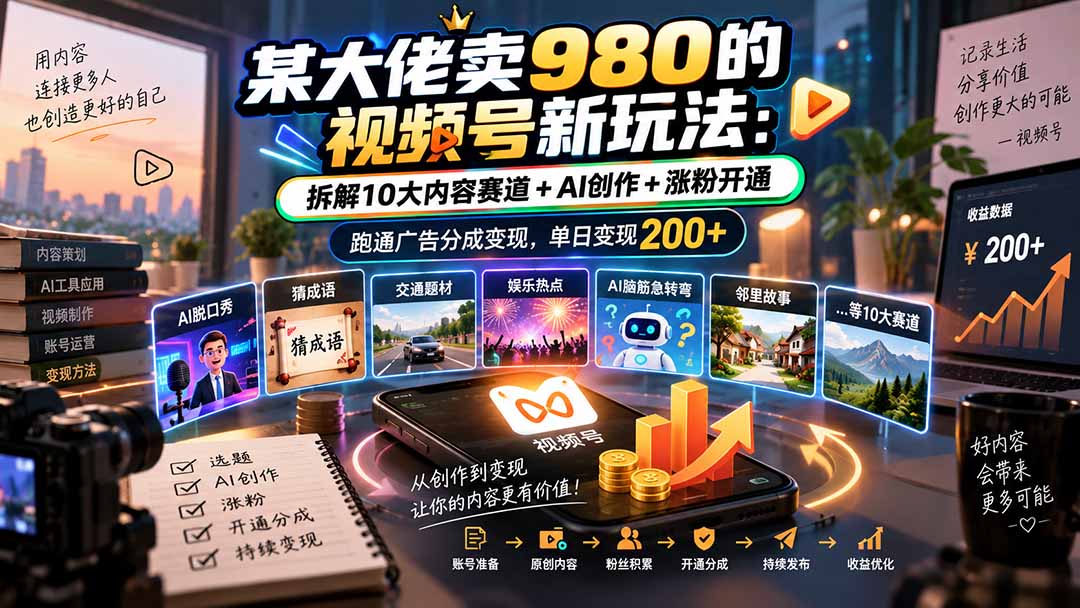 某大佬卖980的视频号新玩法:拆解10大内容赛道+AI创作+涨粉开通,跑通广告分成变现,单日变现200+-资源社