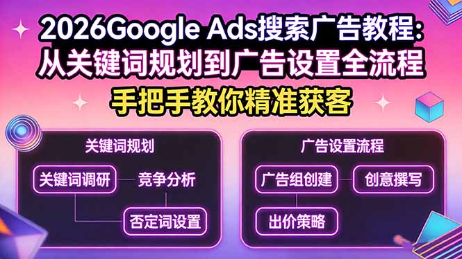 2026Google Ads搜索广告教程:从关键词规划到广告设置全流程,手把手教你精准获客-资源社