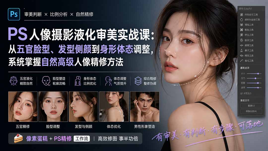 PS人像摄影液化审美实战课：从五官脸型、发型侧颜到身形体态调整，系统掌握自然高级人像精修方法-资源社
