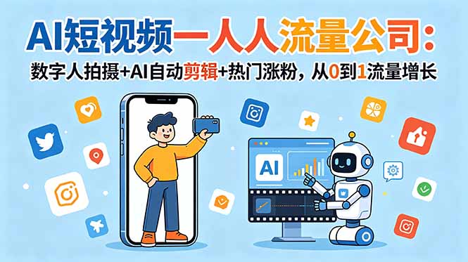 AI短视频一人流量公司：数字人拍摄+AI自动剪辑+热门涨粉，从0到1流量增长-资源社