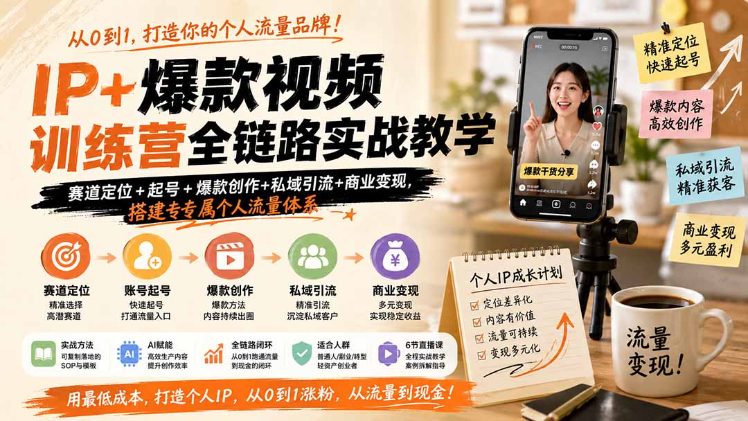 IP+爆款视频训练营全链路实战教学;赛道定位+起号+爆款创作+私域引流+商业变现,搭建专属个人流量体系-资源社