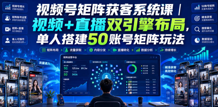 视频号矩阵获客系统课|视频+直播双引擎布局,单人搭建50账号矩阵玩法,流量入池、搜索占位、全域引流沉淀私域全流程教学-资源社