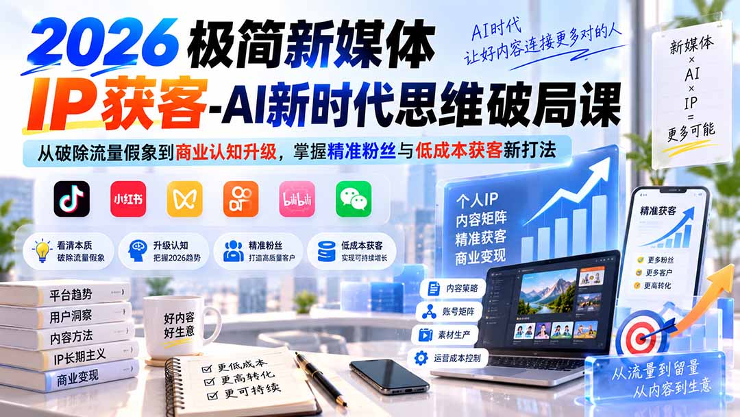 2026极简新媒体IP获客-AI新时代思维破局课：从破除流量假象到商业认知升级，掌握精准粉丝与低成本获客新打法-资源社
