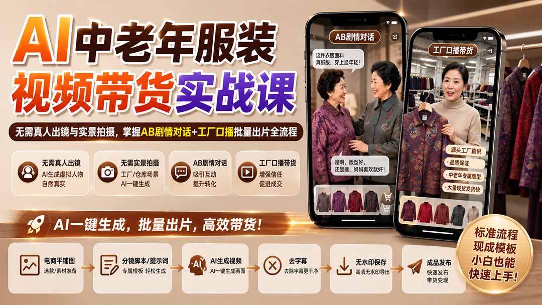AI中老年服装视频带货实战课：无需真人出镜与实景拍摄，掌握AB剧情对话+工厂口播批量出片全流程-资源社