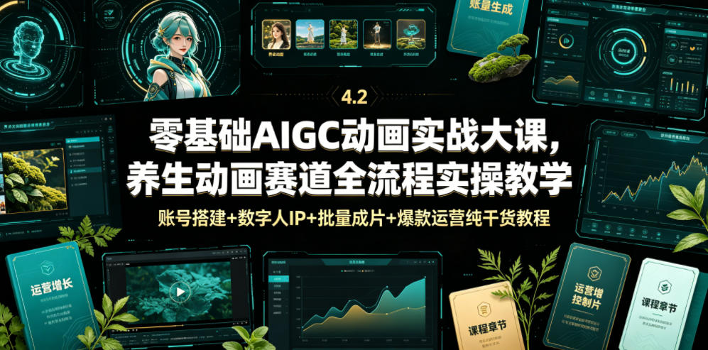 零基础AIGC动画实战大课，养生动画赛道全流程实操教学，账号搭建+数字人IP+批量成片+爆款运营纯干货教程-资源社