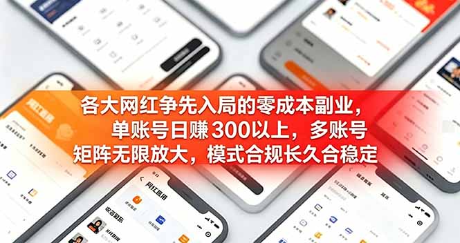 各大网红争先入局的零成本副业，单账号日赚 300 以上，多号矩阵可放大，模式合规长久稳定！-资源社
