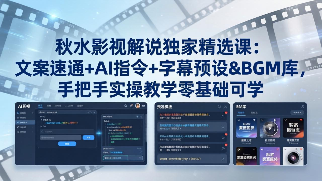 秋水影视解说独家精选课：文案速通+AI指令+字幕预设+BGM库，手把手实操教学零基础可学-资源社