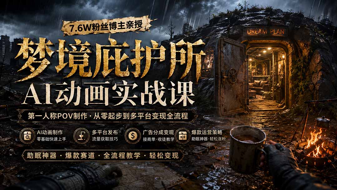 梦境庇护所AI动画实战课：7.6W粉丝博主亲授第一人称POV制作，从零起步到多平台发布变现全流程-资源社