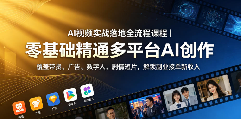 AI视频实战落地全流程课程｜零基础精通多平台AI创作，覆盖带货、广告、数字人、剧情短片，解锁副业接单新收入-资源社