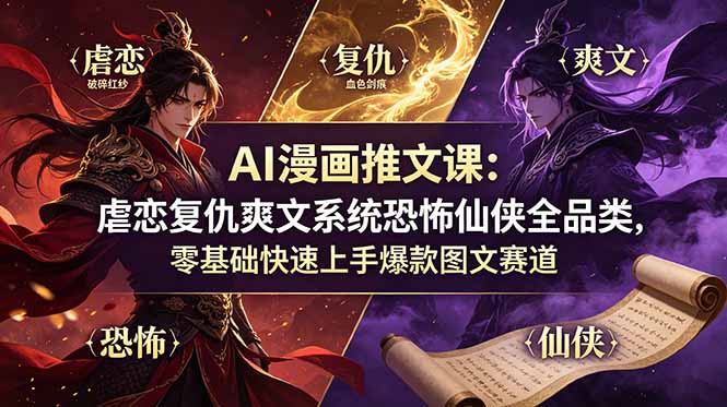 AI漫画推文课：虐恋复仇爽文系统恐怖仙侠全品类，零基础快速上手爆款图文赛道-资源社
