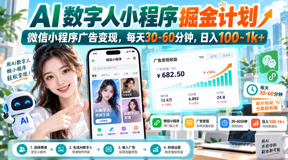 【无水印】AI数字人小程序掘金计划，微信小程序广告变现，每天30‑60分钟，日入100‑1k+-资源社