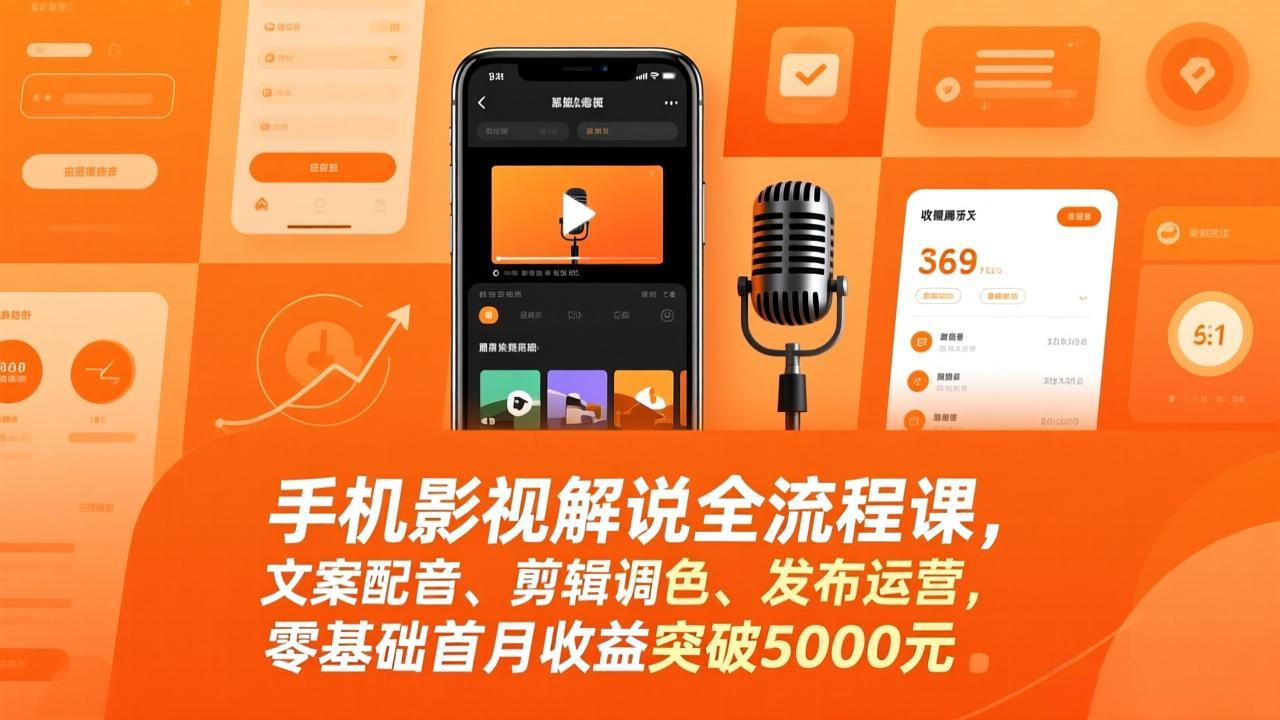 手机影视解说全流程课，文案配音、剪辑调色、发布运营，零基础首月收益突破5000元-资源社