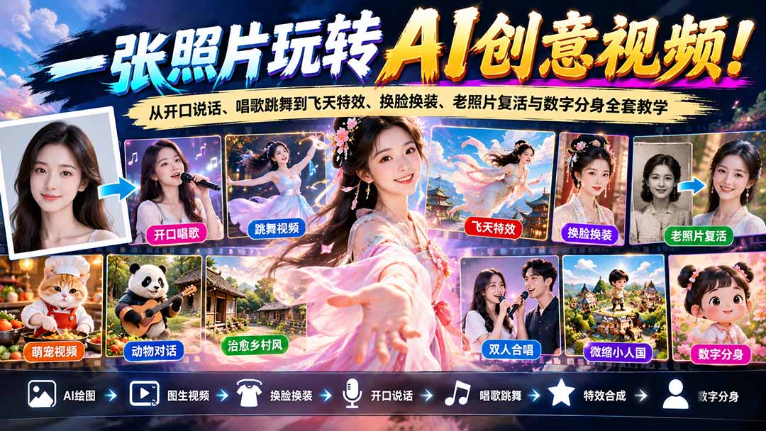 一张照片玩转AI创意视频!从开口说话、唱歌跳舞到飞天特效、换脸换装、老照片复活与数字分身全套教学-资源社