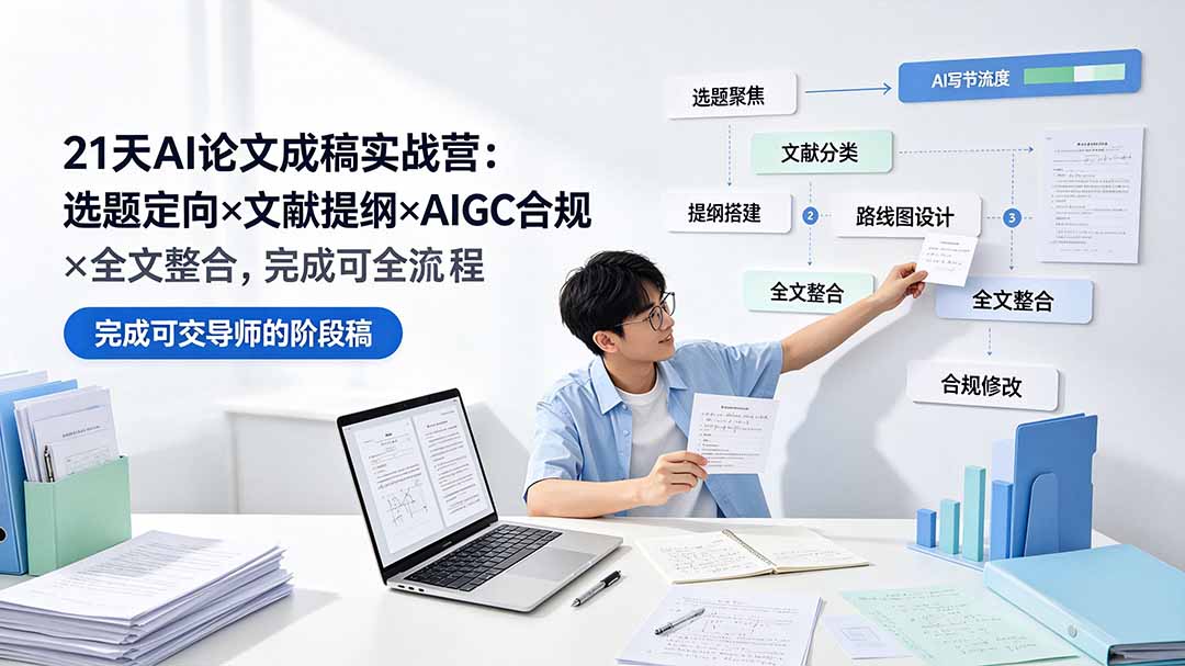 21天AI论文成稿实战营:选题定向×文献提纲×AIGC合规×全文整合,完成可交导师的阶段稿-资源社