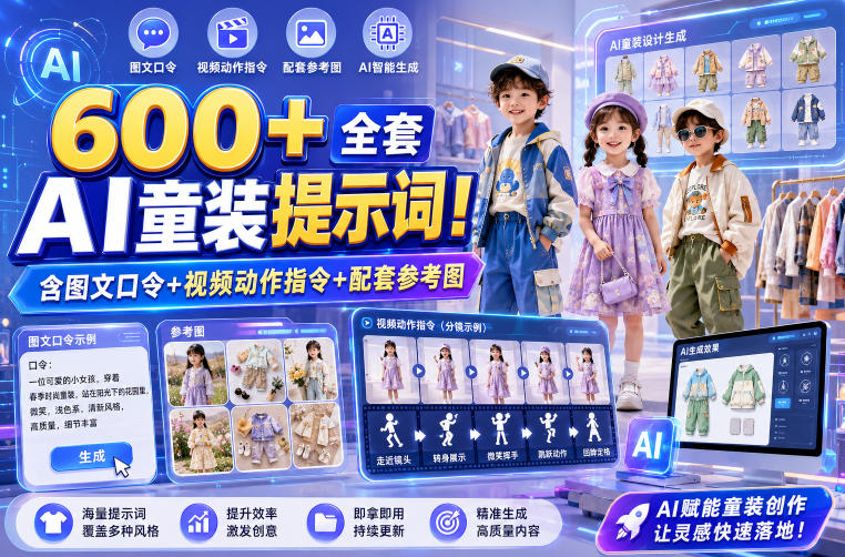 600+全套AI童装提示词！含图文口令+视频动作指令+配套参考图，Word-Excel规整分类，童装电商、种草无脑量产内容！-资源社