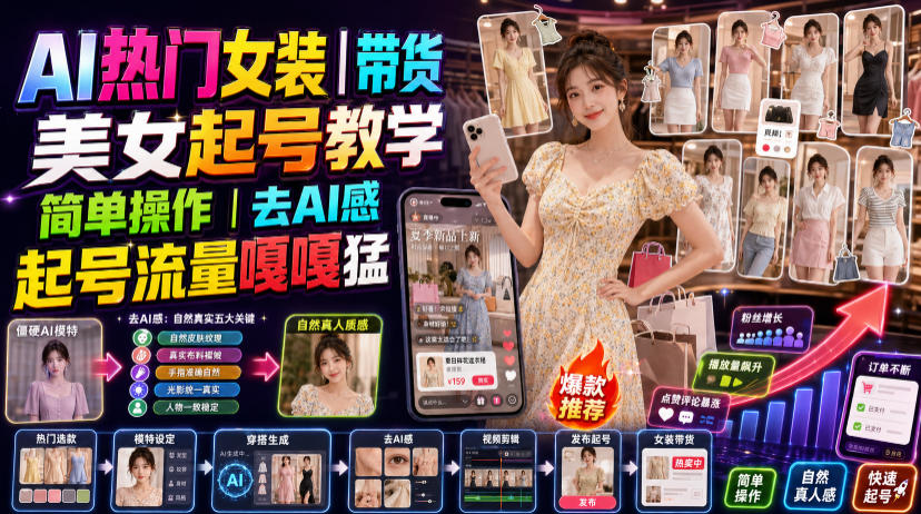 AI热门女装带货丨美女起号教学，简单操作，去AI感，起号流量嘎嘎猛-资源社